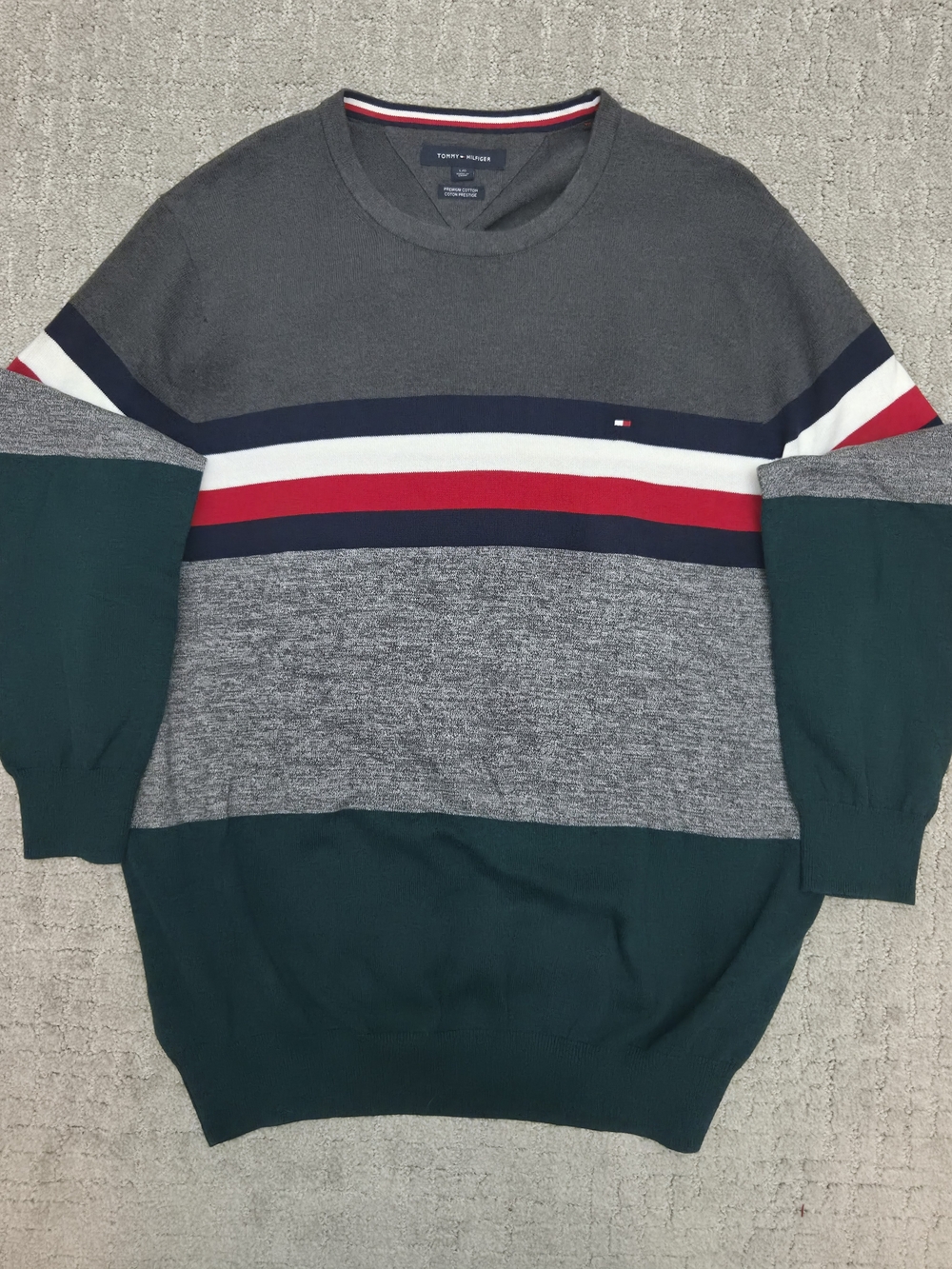 Tommy Hilfiger Colorblock Crewneck Sweater Mens Large Premium Cotton Gray Green